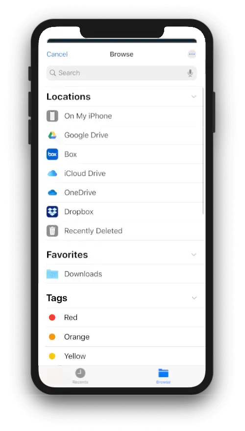 Browsing cloud storage solutions for files to upload
